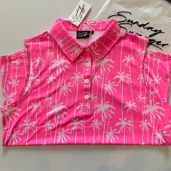 Sunday Swagger Stylin' Women's Sleeveless Polo | Size L | Hot Pink w/ White Palm - Picture 2 of 7